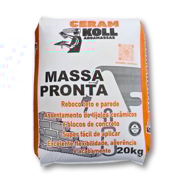 Saco de 20kg de Massa Pronta Ceram Koll para reboco de teto, parede e assentamento de tijolos.