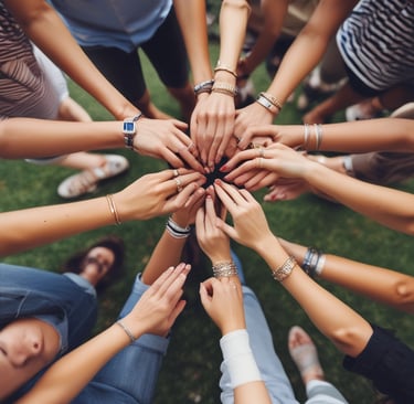 un grupo de personas de pie en círculo con las manos juntas, enseñándose sus joyas