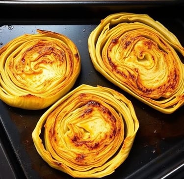 Golden-brown roasted cabbage steaks on a black baking sheet straight from the oven, with caramelized