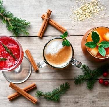 A festive overhead photo of three non-alcoholic holiday drinks: a red cranberry spritzer, a creamy g