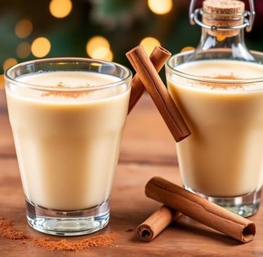 Two small glasses of creamy, golden Coquito garnished with cinnamon sticks, ready for a holiday toas