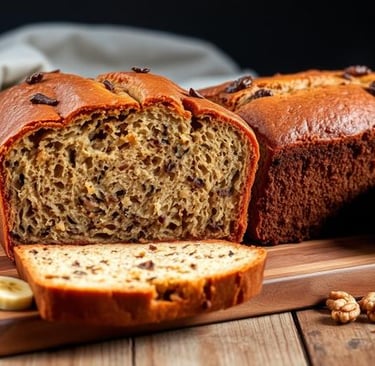 Moist homemade banana loaf with walnuts on a wooden board, slice showing soft crumb