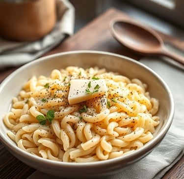 A close-up of creamy parmesan orzo pasta in a white bowl, topped with black pepper, parsley, and par