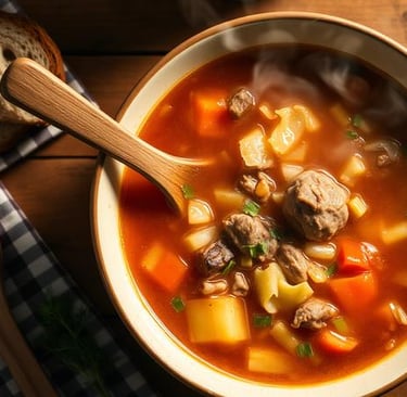 A close-up, overhead photo of a comforting bowl of golumpki soup. The steaming soup in a white ceram