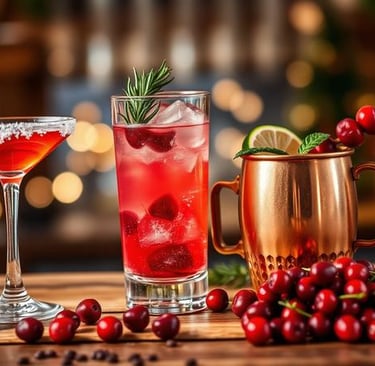 Three festive cranberry cocktails—a Cosmopolitan, a sparkling gin fizz, and a Moscow mule—arranged o