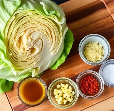 Fresh green cabbage and seasoning ingredients for cabbage steaks recipe