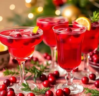 Cranberry cocktails in various glasses with fresh cranberry garnishes