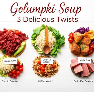 A top-down flat-lay showing three different variations of Golumpki Soup ingredients. Each variation 