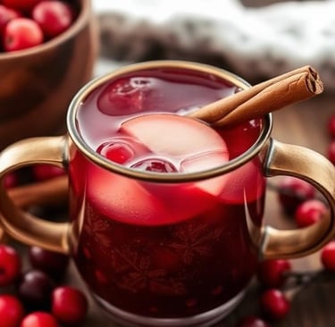 Warm cranberry apple cider cocktail with cinnamon garnish