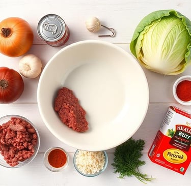 An overhead flat-lay photo showing all the fresh ingredients for making Golumpki Soup, neatly arrang