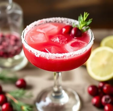 Festive cranberry margarita with sugared cranberries garnish