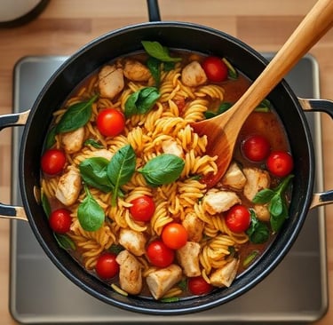 An overhead photo of a one-pot orzo meal with chicken, tomatoes, and spinach in a cast-iron skillet,