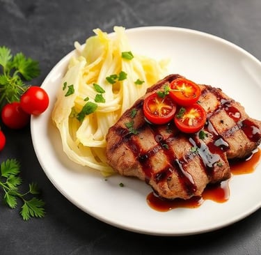 Elegant plated cabbage steak garnished with herbs and balsamic reduction