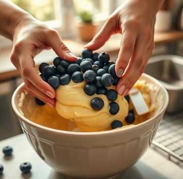 A baker's hands carefully folding fresh blueberries into the thick, golden batter for a loaf cake in