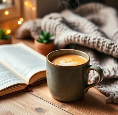 A cozy scene with a steaming chai tea latte in a ceramic mug on a wooden table, next to a book, blan