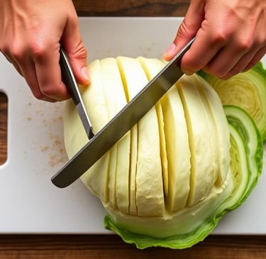 Demonstration of cutting cabbage into thick steaks for roasting