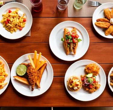 An overhead photo showing five different kid-friendly dinner ideas on plates, including cheesy pasta