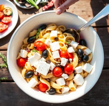 Overhead view of a colorful Greek pasta salad in a large white bowl, featuring tomatoes, cucumbers, 