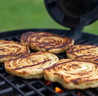 Smoky grilled cabbage steaks cooking on outdoor barbecue grill