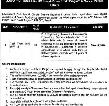 Official job advertisement from the Government of the Punjab, Environment Protection & Climate Chang