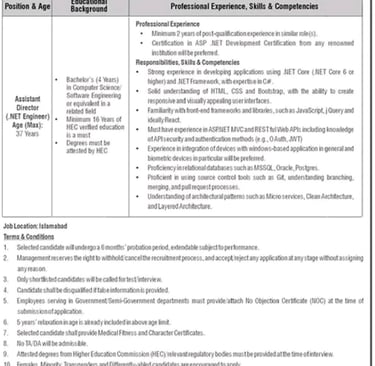 NADRA Jobs 2026 advertisement for Assistant Director and Deputy Assistant Director positions in Isla