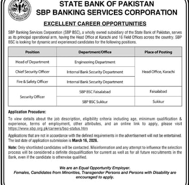 State Bank of Pakistan SBP Banking Services Corporation SBP BSC Jobs 2026 advertisement announcing v