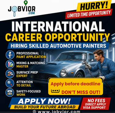 International career opportunity poster for skilled automotive painters, featuring a worker