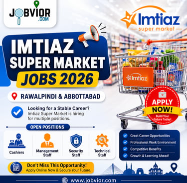 Jobvior social media poster for Imtiaz Super Market Jobs 2026 in Rawalpindi and Abbottabad,