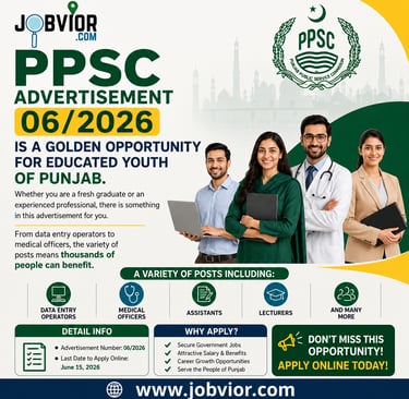 PPSC Advertisement 06/2026 poster showcasing government job opportunities in Punjab,