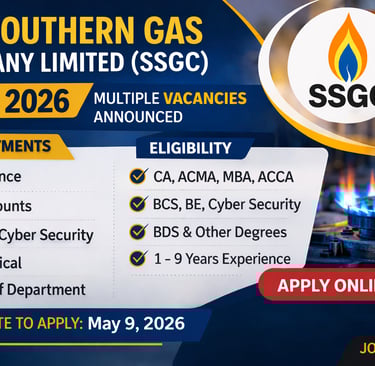 Official advertisement for Sui Southern Gas Company Limited (SSGC) Jobs 2026 showing multiple vacanc