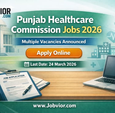 Punjab Healthcare Commission Jobs 2026 announcement banner with Jobvior.com logo, healthcare office 
