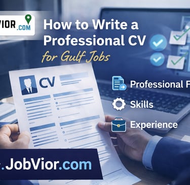 Professional CV writing guide for Gulf jobs showing a recruiter reviewing a CV with laptop and check