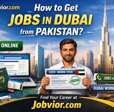 Dubai jobs for Pakistanis guide showing Dubai skyline, UAE work visa approval, laptop for online job