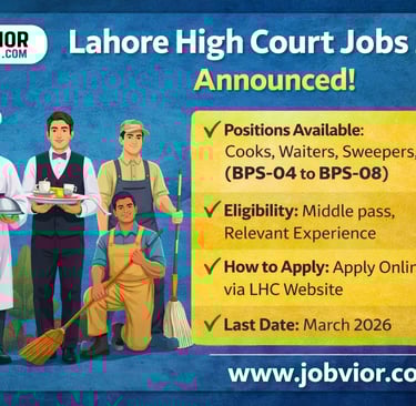 4:3 blog post image announcing Lahore High Court Jobs 2026 featuring cook, waiter, sweeper, and fras