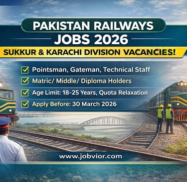 Blog banner image for Pakistan Railways Jobs 2026 showing green locomotives on railway tracks with m