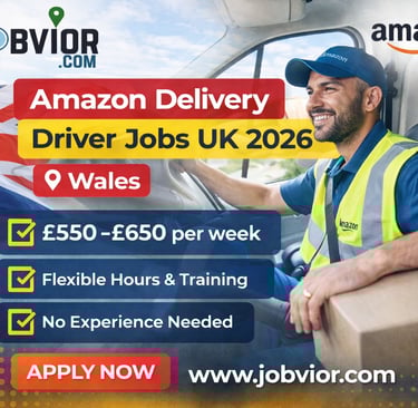Promotional graphic for Amazon delivery driver jobs in the UK (Wales) showing a smiling delivery dri