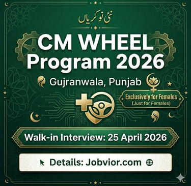 CM WHEEL Program 2026 government jobs poster with dark green background, Urdu heading "نئی نوکریاں",