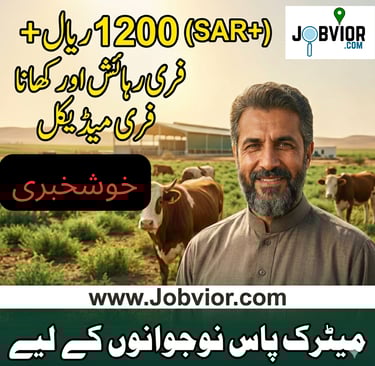 A social media job ad with a smiling man and cows in a field. It lists a salary of 1200 SAR+ with fo