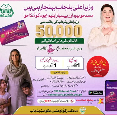 "CM Punjab Rahmat Card Program 2026 for widows and orphans: A news-style advertisement graphic on a 