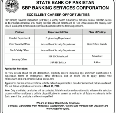 State Bank of Pakistan SBP BSC Jobs 2026 – Security, Engineering vacancies