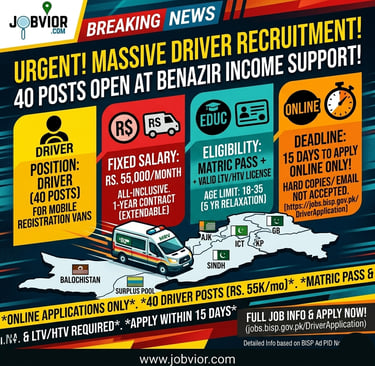job advertisement poster for Benazir Income Support. Features 40 Driver positions (Rs. 55,000/month