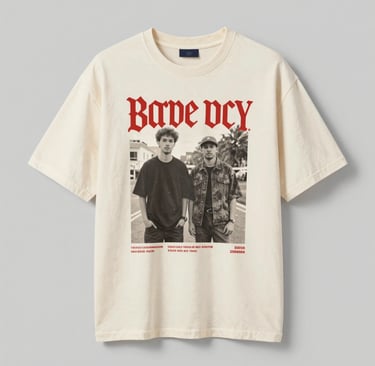 Custom printed oversized t-shirts hanging on a rack, vibrant and bold.