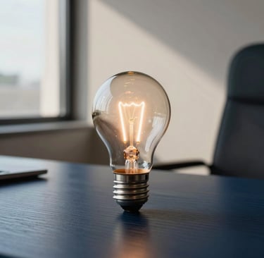 A glowing incandescent light bulb standing on a blue office desk symbolizing a bright idea. 