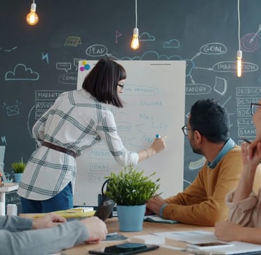 A diverse business team brainstorming creative marketing strategies on a whiteboard during a meeting.