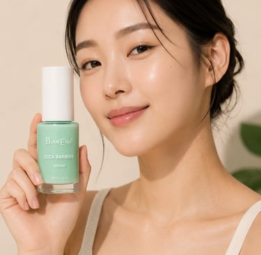 A woman with glowing skin holding a bottle of BianEma Cica Barrier Serum for Korean skincare.
