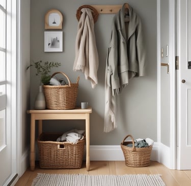 A cozy corner with soft natural light filtering through a window, highlighting a simple wooden table with a steaming cup of tea and an open book.