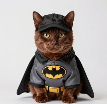 Un gato marrón con un disfraz de Batman que incluye capa, cinturón de herramientas y máscara