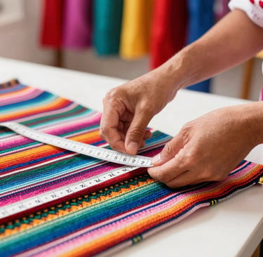 Sastre utiliza una cinta métrica sobre una tela coloridas para un diseño textil a la medida
