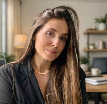 Professional woman with long brown hair wearing a black blazer and gold necklace in a home office.