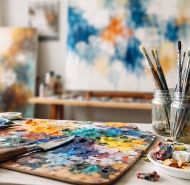 Paint on a pallet aside two mason jars holding paint brushes